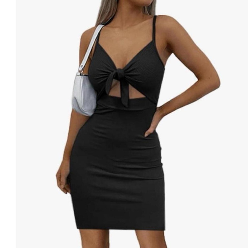 Rooscier Women's Tie Knot Cutout Spaghetti Straps Sleeveless Bodycon Mini Dress